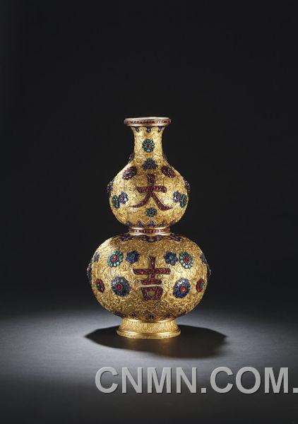清乾隆銅鎏金嵌寶石料&ldquo;大吉&rdquo;葫蘆瓶